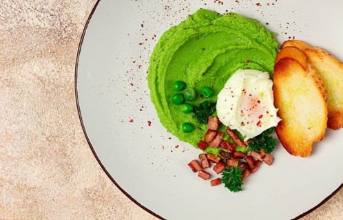 Mashed peas, with boiled egg, fried bacon, toast, baguette, breakfast, homemade, no people