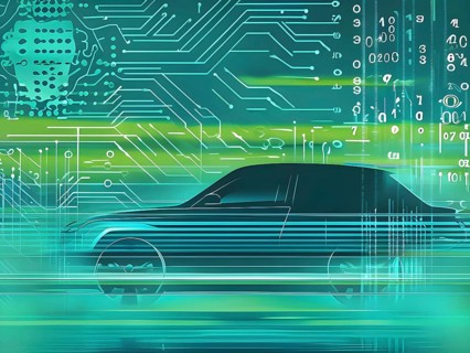 Sport car silhouette with vibrant green dynamic lines showing motion, surrounded by data streams,