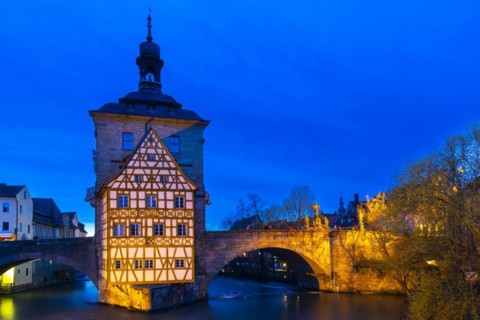 Upper Bridge, Old Town Hall, Regnitz, historic old town, Blue Hour, Bamberg, Lower Franconia,