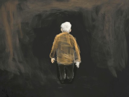 A chalk drawing, illustration of an elderly person looking into the darkness, symbolic image for