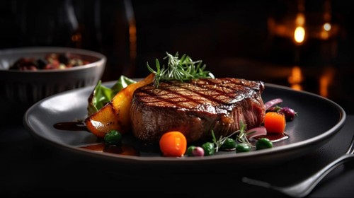 Fresh succulent top sirloin steak with sauteed vegetables on the flame grill, generative AI.-