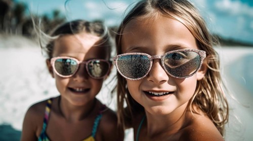 Two young girlfriends posing wearing sunglasses having fun on the beach, generatvie AI, AI