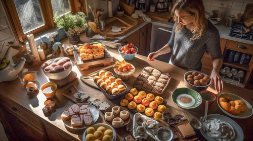 Young adult woman preparing A variety of easter foods for the holiday meal, generative AI, AI