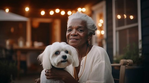 Attractive happy african american elderly woman on her porch holding her maltese puppy, generative