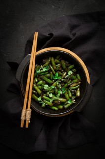 Fried bean pods, in soy sauce, with sesame seeds, homemade, no people