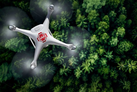 Quadcopter UAV search and rescue SAR drone flying A search above A thick forest, AI generated