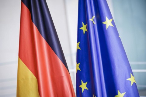German flag, flag of the European Union. Berlin, 24.04.2024
