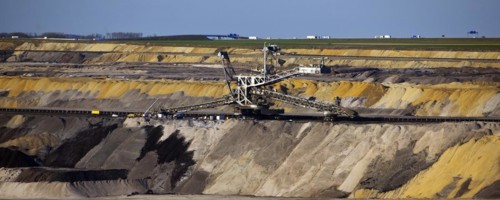 Opencast lignite mine with spreader and motorway in the background, Garzweiler, Jüchen, North