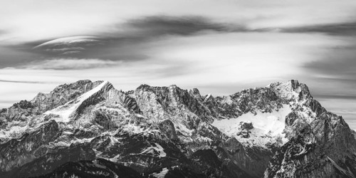 Panorama of the Wetterstein mountains with Alpspitze 2628m and Zugspitze 2962m, Werdenfelser Land,