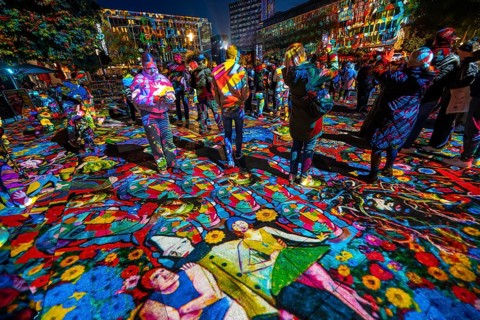 Essen Light Festival, in the city centre, light art on Kennedyplatz, the Berlin artist Daniel