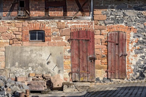 Historic farmhouse around 1800, half-timbered façade, sandstone, natural stone, brick, cement,