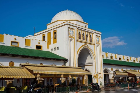 Market Hall, Nea Agora, Large building with dome and market square, Greek architecture with yellow