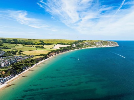 Swanage and Swanage Bay from a drone, Jurassic Coast, Dorset Coast, Poole, England, United Kingdom,