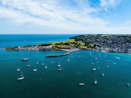 Swanage and Swanage Bay from a drone, Jurassic Coast, Dorset Coast, Poole, England, United Kingdom,
