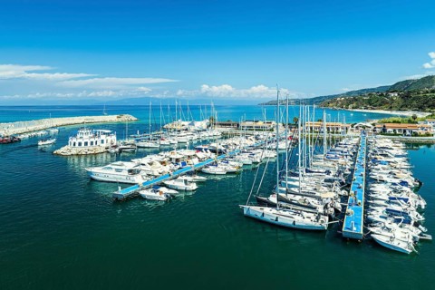 Port and Marina in Tropea from a drone, Tyrrhenian Sea, Calabria, Italy, Europe