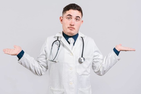Puzzled doctor with open hands. Doubtful young doctor with open hands isolated. Insecure doctor
