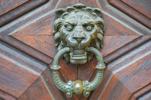 Lion's head as a door knocker at an entrance gate, Bamberg, Upper Franconia, Bavaria, Germany,