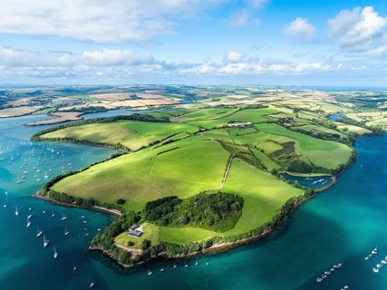 Salcombe and Mill Bay over Kingsbridge Estuary from a drone, Batson Creek, Southpool Creek, Devon,