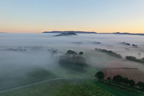 Morning fog over the Werra valley, from the Schlierbachsattel, Oberdünzenbach near Eschwege,