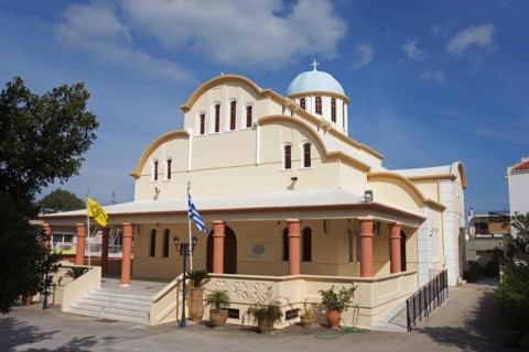 A traditional Greek church with a blue dome under a clear sky, Kounoupidiana, Chania, Crete,