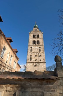 Tower of St Emmeram's Basilica against blue sky, Regenburg, Upper Palatinate, Bavaria, Germany,