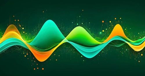 Abstract illustration of digital wave forms and circuits converging to form abstract symbols of