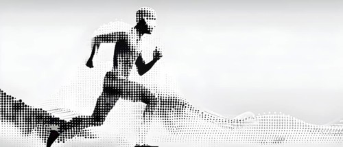 Wave of data points shaping into a runners silhouette, abstract illustration in black and white,
