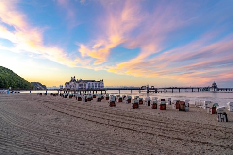 The pier of Sellin, evening mood, sunset, 394 metres long, with restaurant, jetty, beach chairs,