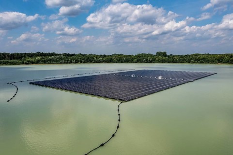 Germany's largest floating solar power plant on the Silbersee III, a quarry pond no longer used for