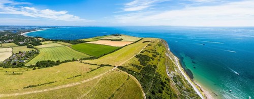 Panorama of Ballard Cliff over Studland from a drone, Jurassic Coast, Dorset Coast, Poole, England,