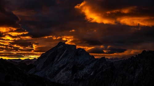 Montafon mountains with dramatic cloudy sky at sunrise, Tschagguns, Rätikon, Montafon, Vorarlberg,