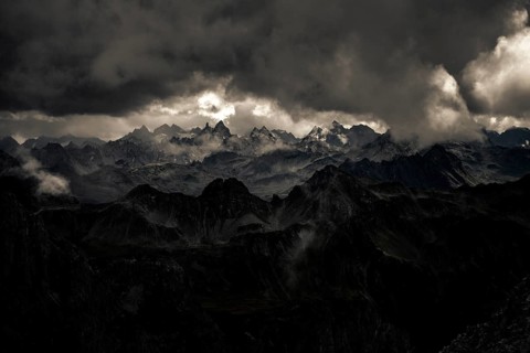 Montafon mountains with dramatic cloudy sky, Tschagguns, Rätikon, Montafon, Vorarlberg, Austria,
