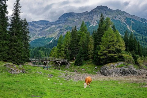 Obernberger See, mountain lake, landscape of the Stubai Alps, weather mood, cloud mood, Obernberg