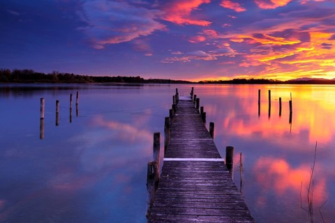 Footbridge on Lake Chiemsee at sunrise, Prien am Chiemsee, Bavaria, Germany, Europe