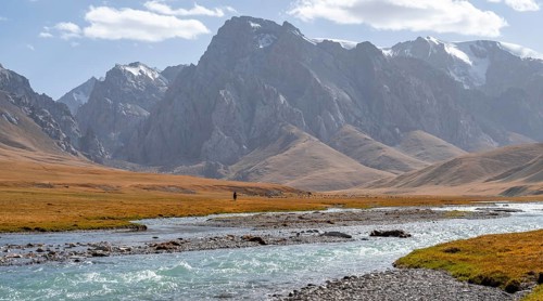 Mountain landscape with yellow meadows, Kol Suu River and mountain peaks with glaciers, Keltan