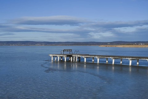 Frozen lake in winter, jetty, Lake Neusiedl, Weiden am See, Burgenland, Austria, Europe