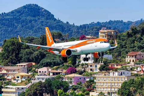 An EasyJet Airbus A321neo aircraft with the registration G-UZME at Corfu Airport, Greece, Europe