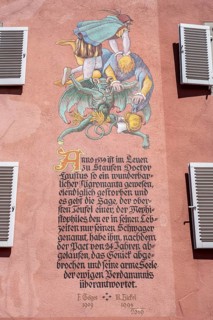 Facade painting with old German characters, Tavern zum Löwen, Fauststube, facade, the famous Dr