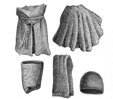 Bronze Age, woollen garments, found in a grave in Denmark, illustration from 1890, historical,