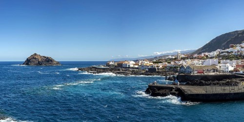Atlantic coast with Roque de Garachico island off the town of Garachico, Tenerife, Canary Islands,