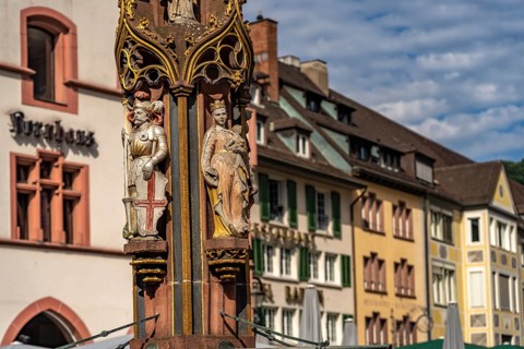 Fish fountain detail on Münsterplatz, Freiburg im Breisgau, Black Forest, Baden-Württemberg,