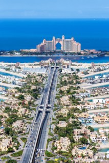 The Palm Jumeirah with Atlantis Hotel artificial island from above in Dubai, United Arab Emirates,
