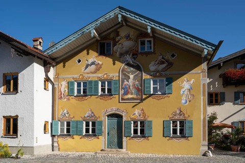 Façade with Lüftlmalerei, Haus Fürst, Mittenwald, Werdenfelser Land, Upper Bavaria, Bavaria,
