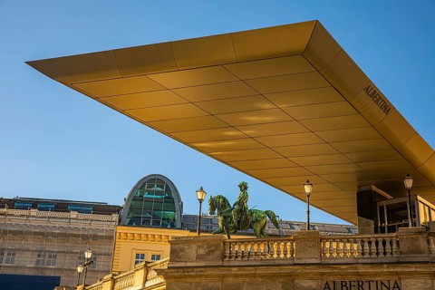 Striking roof construction above the entrance to the Albertina art collection, including the