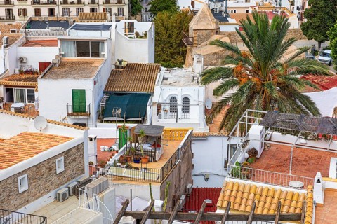 Above the rooftops of Eivissa's old town, Ibiza Town, Ibiza, Balearic Islands, Mediterranean,