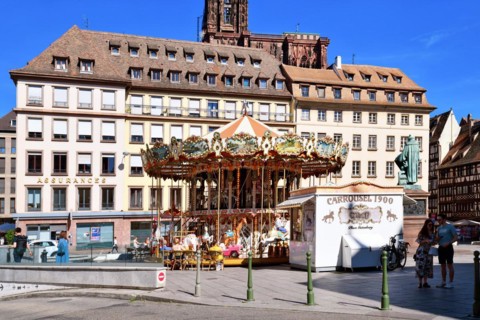 Strasbourg, France, September 2023: Carousel 'called Carrousel de la Place Gutenberg' in historic