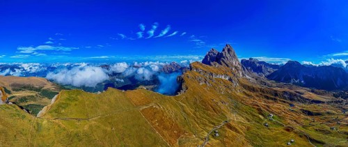 The peaks Sas Rigais and Furchetta of the Geisler group, wide-angle panoramic photo, drone photo,