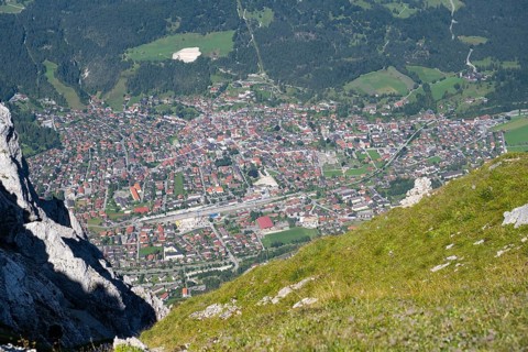 View from the Karwendel to Mittenwald, Werdenfelser Land, Alps, Bavaria, Upper Bavaria, Germany,