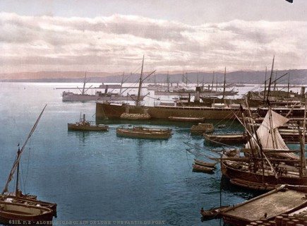Harbour by moonlight, Algiers, Algeria, ca 1890, Historic, digitally restored reproduction from a