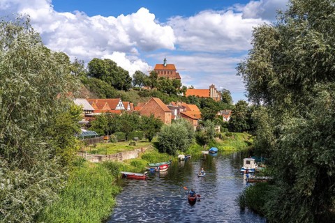 City moat and the Havelberg Cathedral of St Mary, Havelberg, Saxony-Anhalt, Germany, Europe